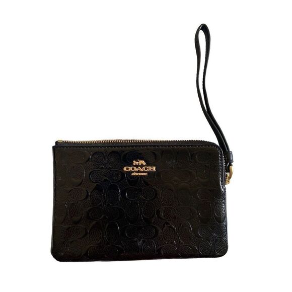 Coach Corner Zip Wristlet In Signature Black Debossed Patent Leather F58034 - Picture 2 of 5